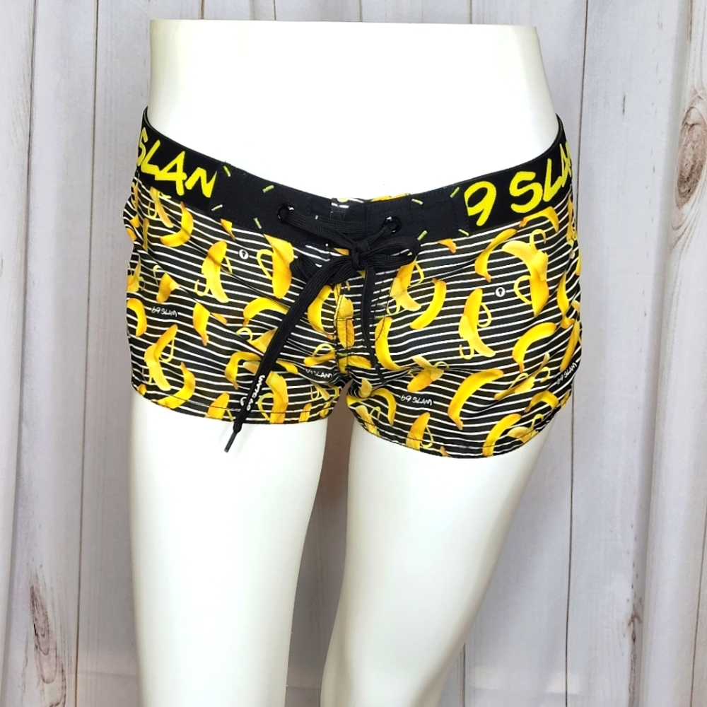 69 Slam Women's Swim Beach Boardshorts Yellow/Black Banana Pattern V-Fly Opening